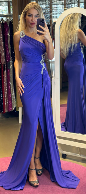 Purple One Shoulder Stone Detailed Wrap Slit Lycra Long Evening Dress 7414 