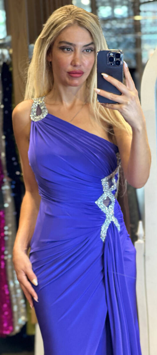 Purple One Shoulder Stone Detailed Wrap Slit Lycra Long Evening Dress 7414 - 2