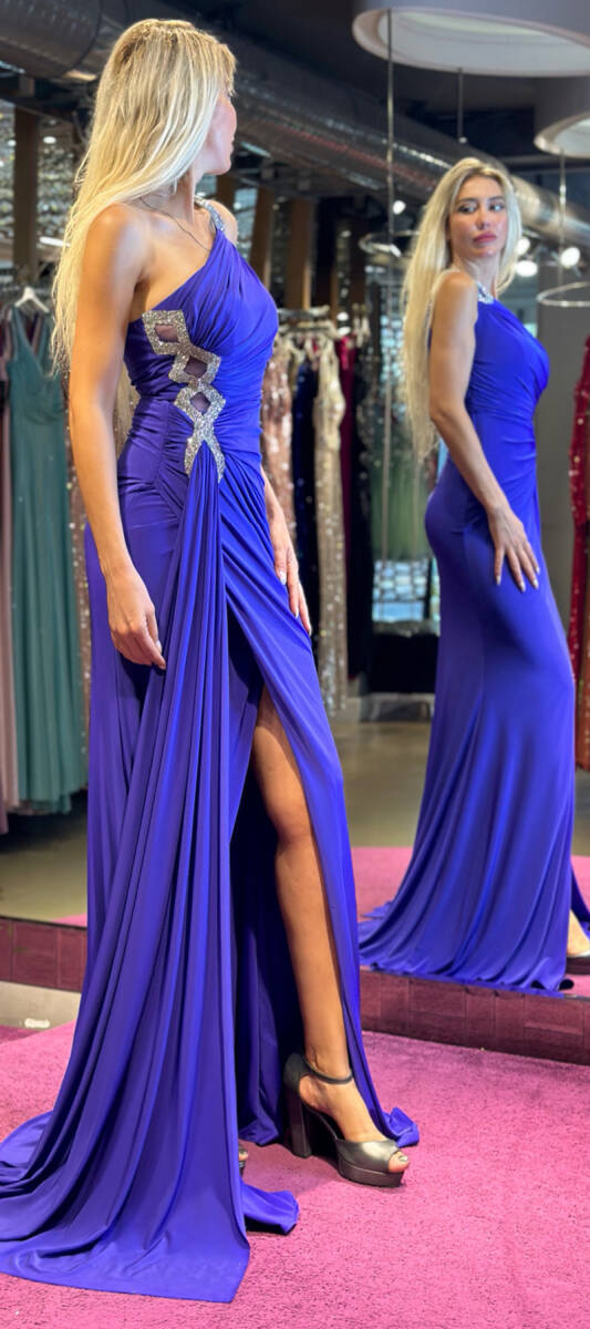 Purple One Shoulder Stone Detailed Wrap Slit Lycra Long Evening Dress 7414 - 3