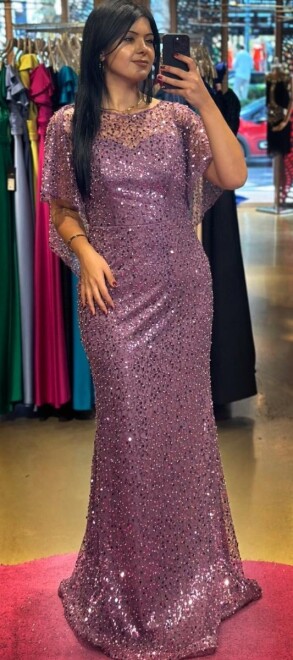 Purple Short Sleeve Straight Cut Beaded Sequin Long Evening Dress 7567 - 1