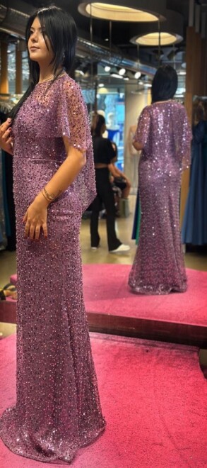 Purple Short Sleeve Straight Cut Beaded Sequin Long Evening Dress 7567 - 3