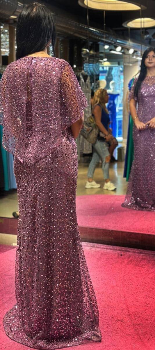 Purple Short Sleeve Straight Cut Beaded Sequin Long Evening Dress 7567 - 5