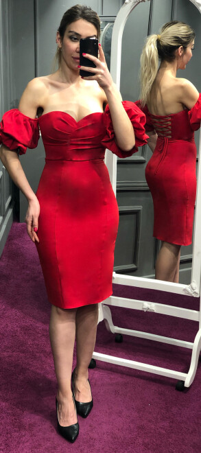 Red Balloon Sleeve Low-Cut Back Straight Cut Crepe Short Evening Dress 7280 