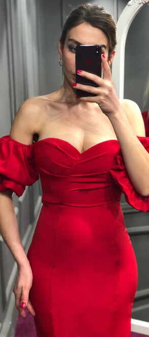 Red Balloon Sleeve Low-Cut Back Straight Cut Crepe Short Evening Dress 7280 - 2