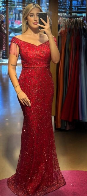 Red Beaded Straight Cut Glitter Long Evening Dress 7603 - 1