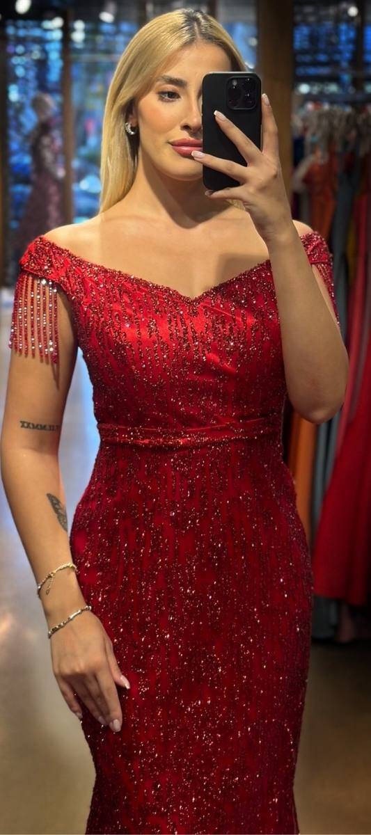 Red Beaded Straight Cut Glitter Long Evening Dress 7603 - 2