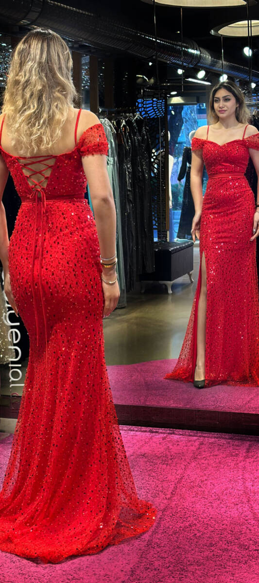 Red Belted Low-Cut Back Slit Beaded Sequin Long Evening Dress 7434 - 5