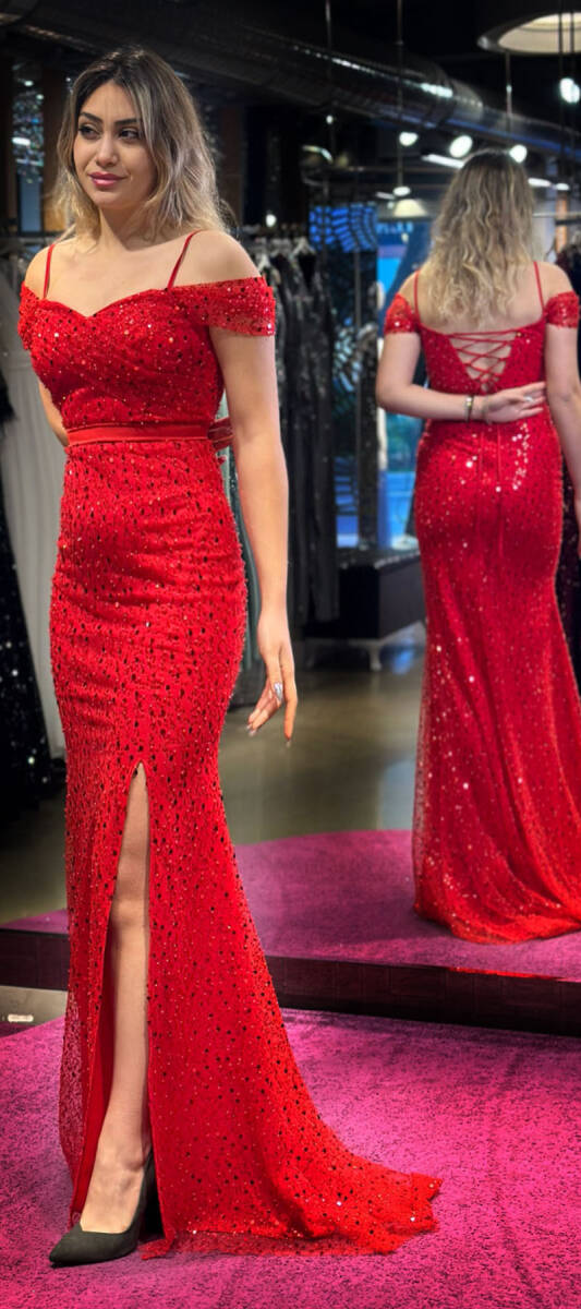 Red Belted Low-Cut Back Slit Beaded Sequin Long Evening Dress 7434 - 3