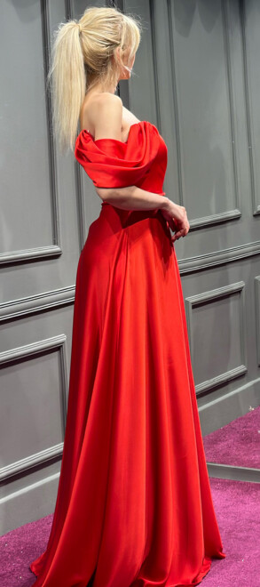 Red Flared Skirt Satin Long Evening Dress 7350 - 3