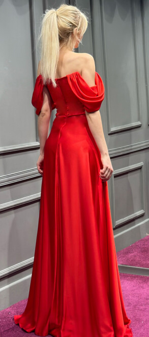 Red Flared Skirt Satin Long Evening Dress 7350 - 5