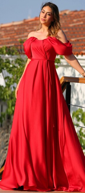 Red Flared Skirt Satin Long Evening Dress 7350 