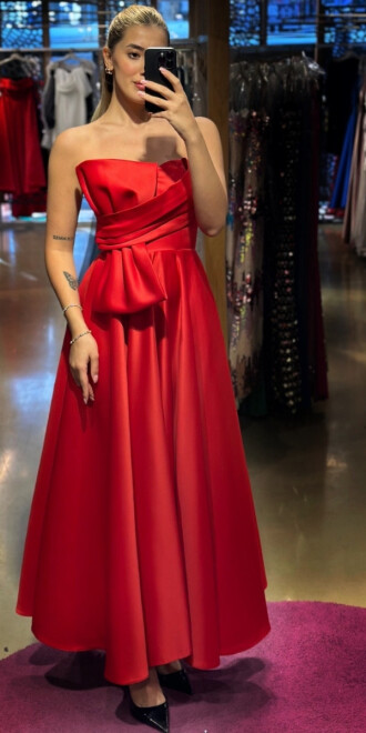 Red Flared Skirt Satin Midi Evening Dress 7657 