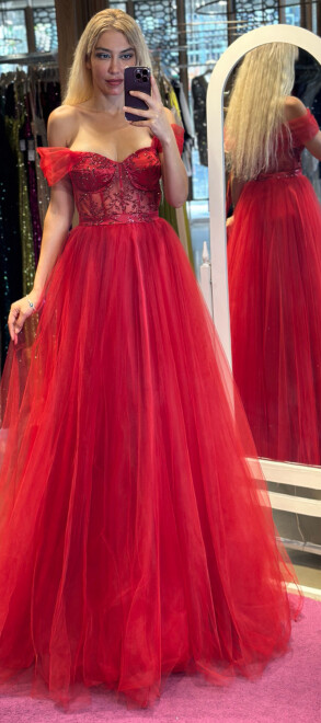 Red Flared Skirt Tulle Long Evening Dress 7256 