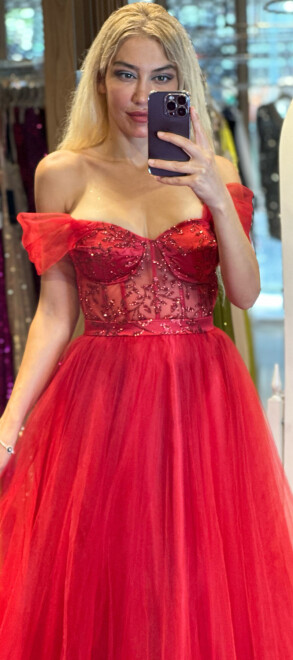 Red Flared Skirt Tulle Long Evening Dress 7256 - 2