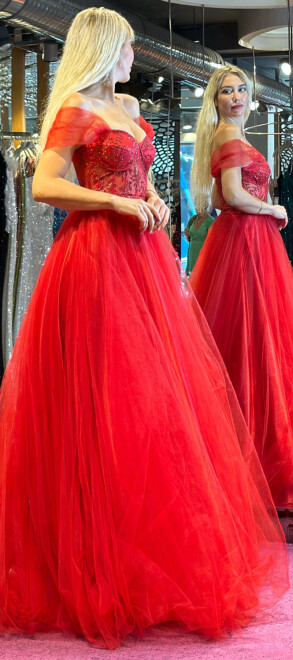 Red Flared Skirt Tulle Long Evening Dress 7256 - 3