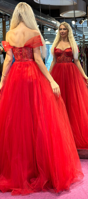 Red Flared Skirt Tulle Long Evening Dress 7256 - 5