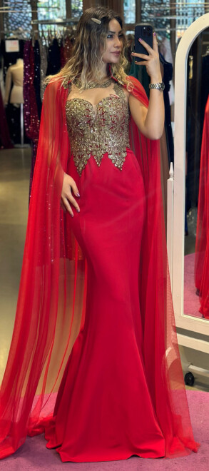 Red Lace Detailed Mermaid Skirt Crepe Long Evening Dress 6467 - 1