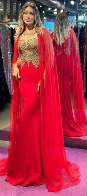 Red Lace Detailed Mermaid Skirt Crepe Long Evening Dress 6467 - 3