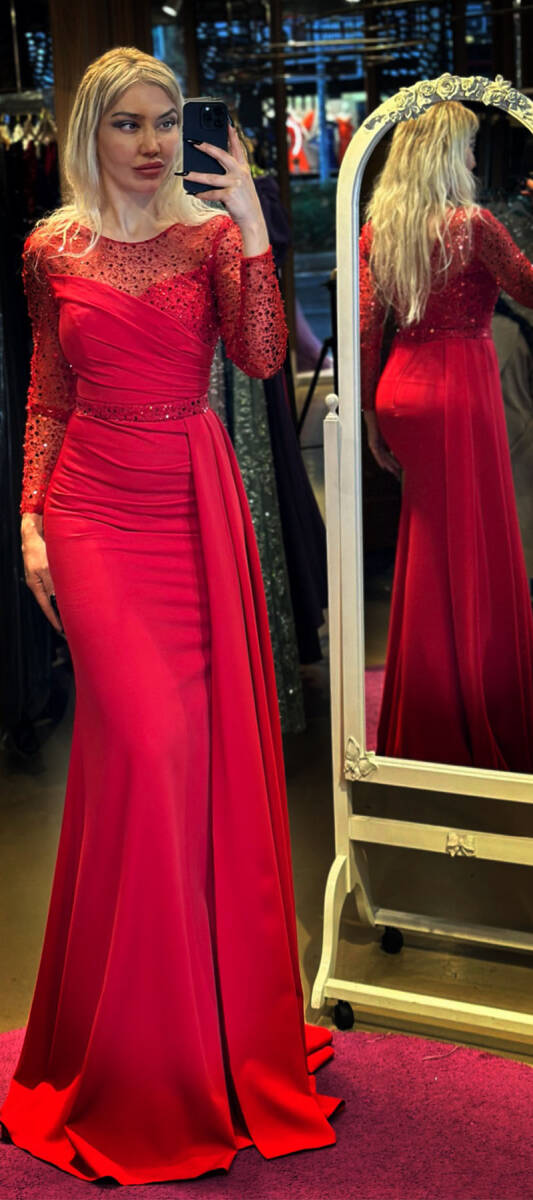 Red Long Sleeve Belted Mermaid Skirt Crepe Long Evening Dress 7440 - 1