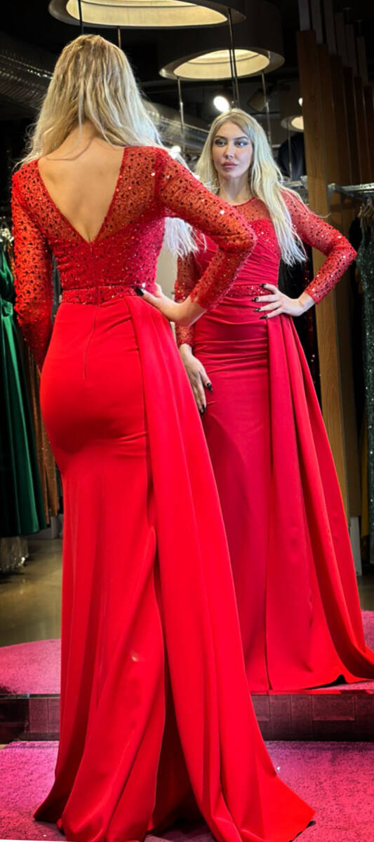 Red Long Sleeve Belted Mermaid Skirt Crepe Long Evening Dress 7440 - 5