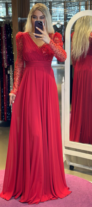 Red Long Sleeve Flared Skirt Chiffon Long Evening Dress 7417 - 1