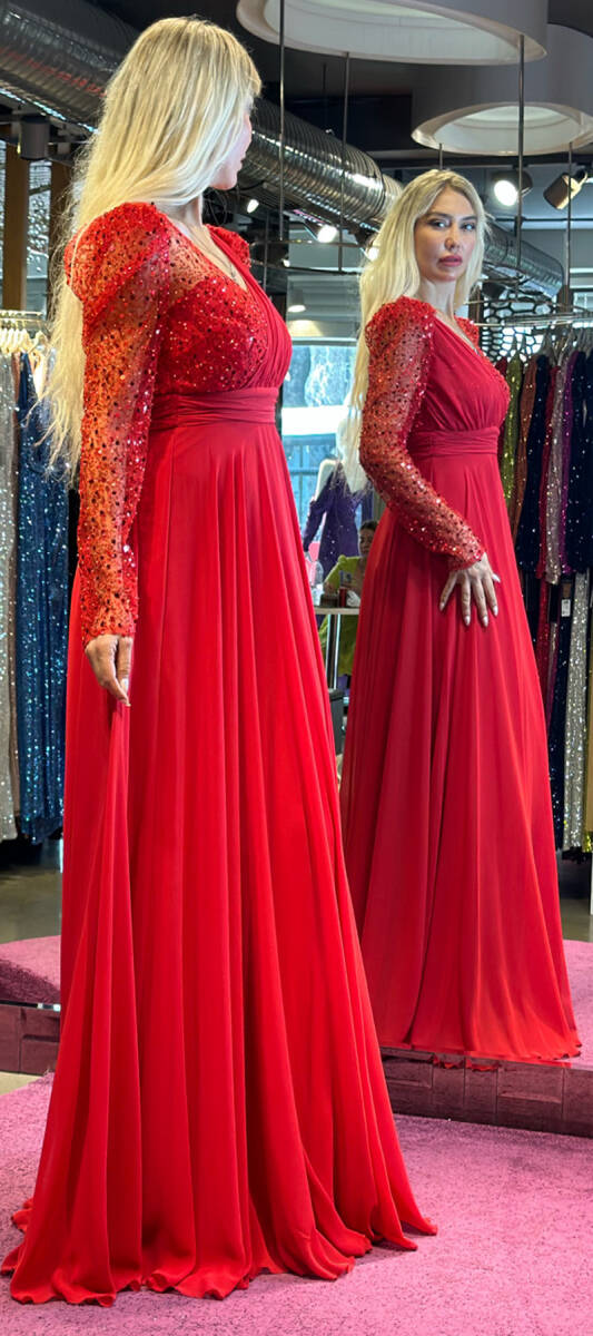 Red Long Sleeve Flared Skirt Chiffon Long Evening Dress 7417 - 3