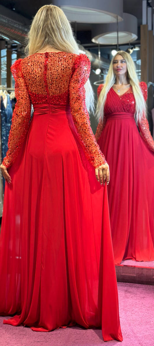 Red Long Sleeve Flared Skirt Chiffon Long Evening Dress 7417 - 5