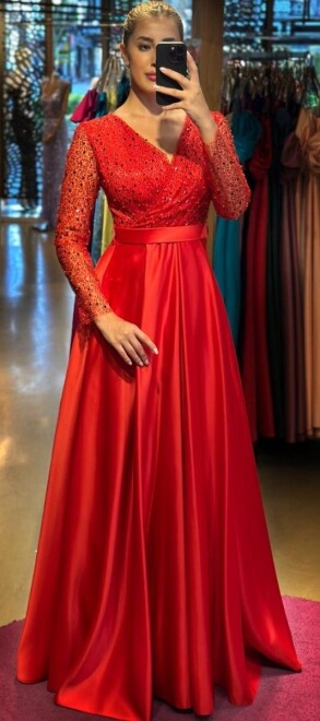 Red Long Sleeve Flared Skirt Satin Long Evening Dress 7453 