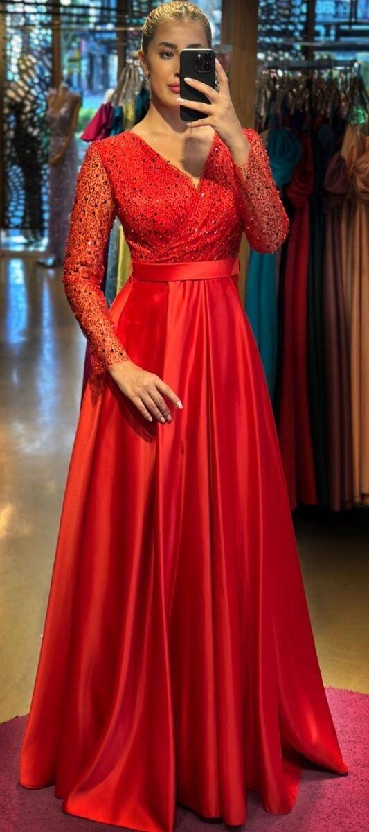 Red Long Sleeve Flared Skirt Satin Long Evening Dress 7453 - 1