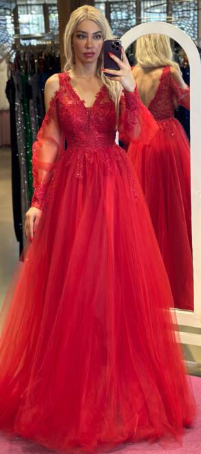 Red Long Sleeve Lace Detailed Flared Skirt Tulle Long Evening Dress 6930 - 1