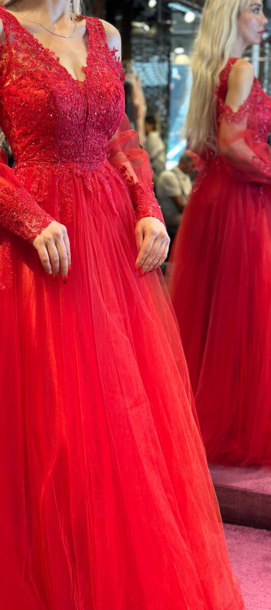 Red Long Sleeve Lace Detailed Flared Skirt Tulle Long Evening Dress 6930 - 4