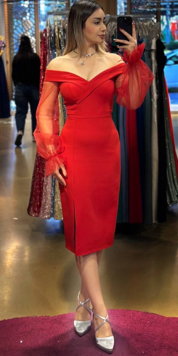 Red Long Sleeve Slit Straight Cut Crepe Midi Evening Dress 7084 - 1