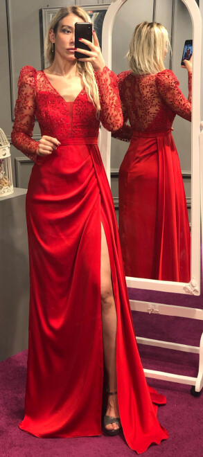 Red Long Sleeve Slit Straight Cut Satin Long Evening Dress 7244 