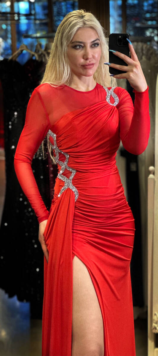 Red Long Sleeve Stone Detailed Slit Lycra Long Evening Dress 7450 - 2