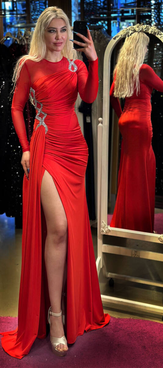 Red Long Sleeve Stone Detailed Slit Lycra Long Evening Dress 7450 - 1