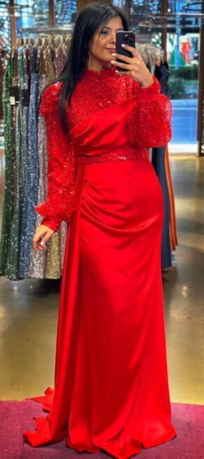 Red Long Sleeve Straight Cut Satin Long Evening Dress 7553 