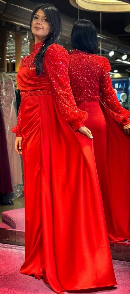 Red Long Sleeve Straight Cut Satin Long Evening Dress 7553 - 3