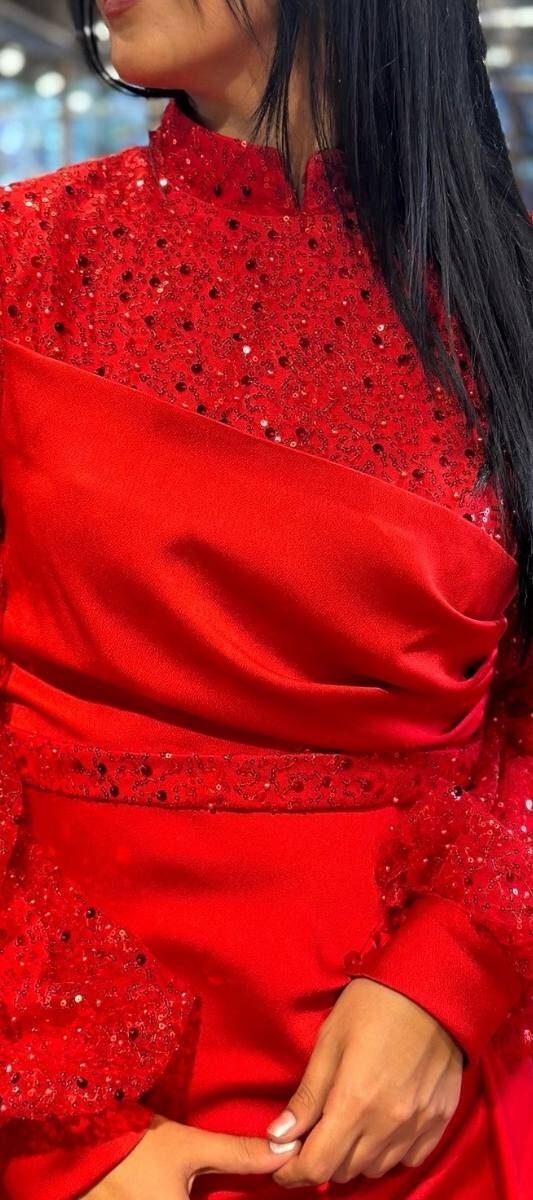 Red Long Sleeve Straight Cut Satin Long Evening Dress 7553 - 4