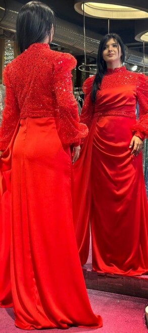 Red Long Sleeve Straight Cut Satin Long Evening Dress 7553 - 5