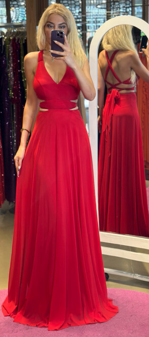 Red Low-Cut Back Flared Skirt Lycra Long Evening Dress 6556 