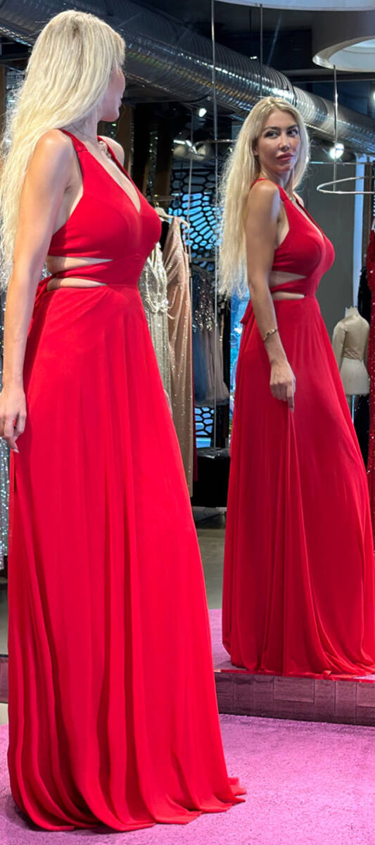 Red Low-Cut Back Flared Skirt Lycra Long Evening Dress 6556 - 3