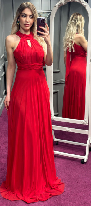 Red Low-Cut Back Flared Skirt Tulle Long Evening Dress 6034 - 1