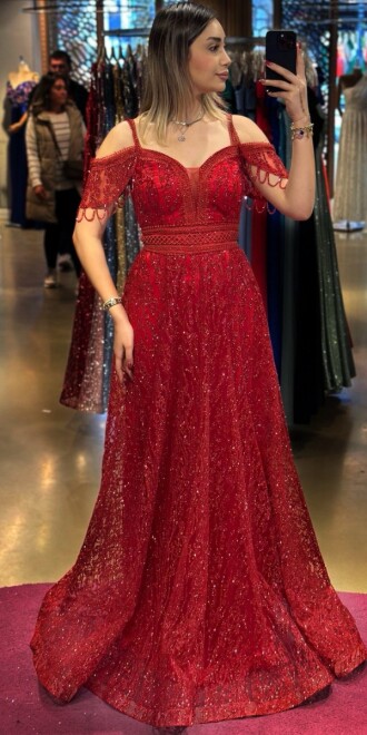 Red Low Sleeve Beaded Flared Skirt Glitter Long Evening Dress 7525 - 1