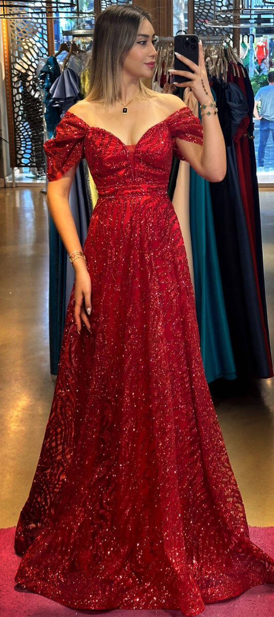 Red Low Sleeve Beaded Flared Skirt Glitter Long Evening Dress 7547 - 1