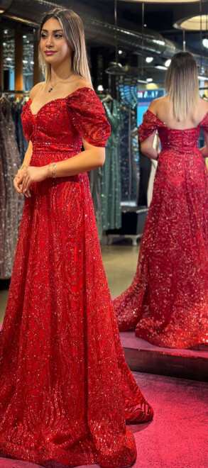 Red Low Sleeve Beaded Flared Skirt Glitter Long Evening Dress 7547 - 3