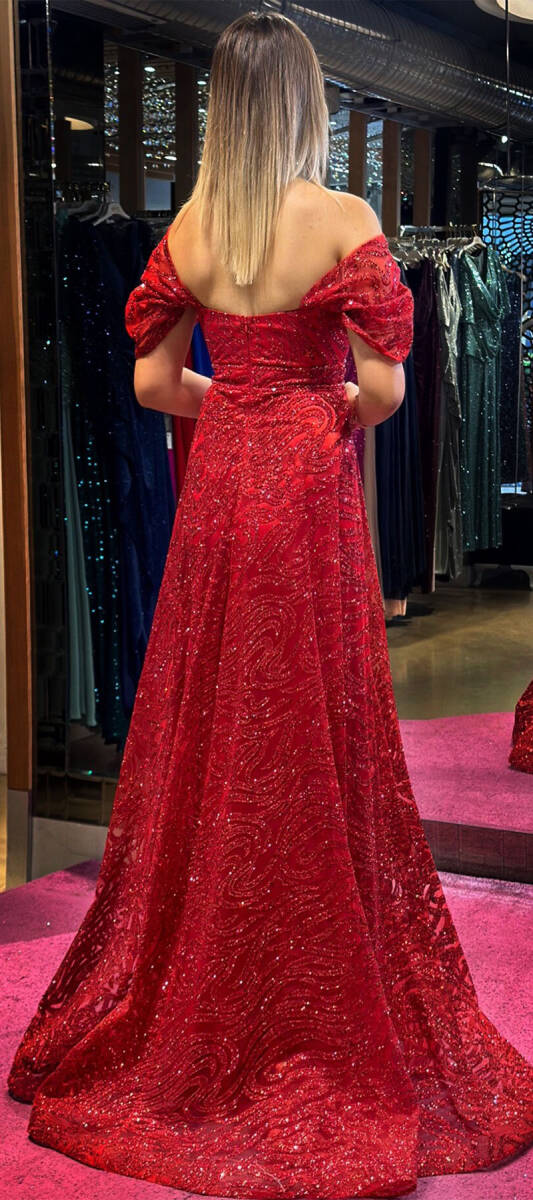 Red Low Sleeve Beaded Flared Skirt Glitter Long Evening Dress 7547 - 5