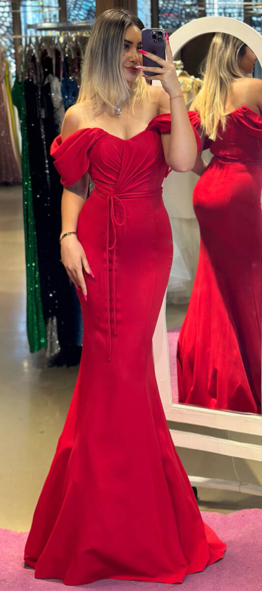 Red Low Sleeve Mermaid Skirt Crepe Long Evening Dress 7418 - 1