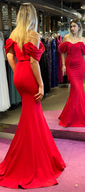 Red Low Sleeve Mermaid Skirt Crepe Long Evening Dress 7418 - 5