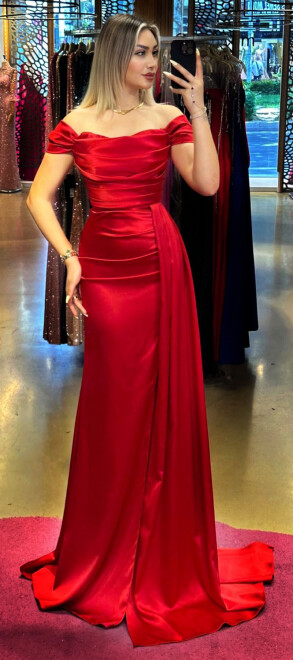 Red Low Sleeve Slit Straight Cut Satin Long Evening Dress 7511 - 1