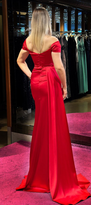 Red Low Sleeve Slit Straight Cut Satin Long Evening Dress 7511 - 5